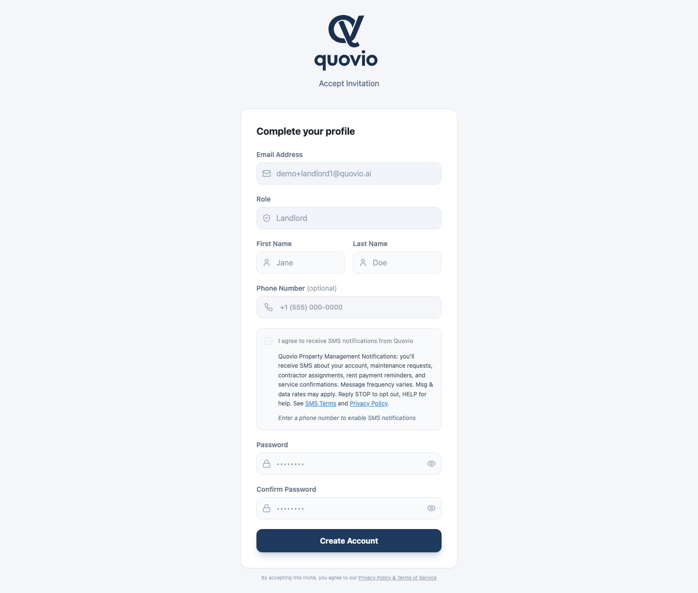 Quovio invite acceptance page on desktop. Email and role are prefilled from the invite token. Phone number is optional. The SMS consent checkbox is visible with the full TCPA disclosure and remains disabled until a phone number is entered.