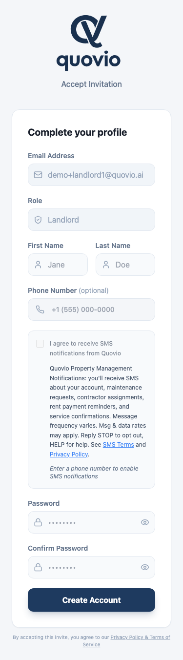 Quovio invite acceptance page on a 375px-wide mobile viewport, showing the same consent UI as the desktop version.