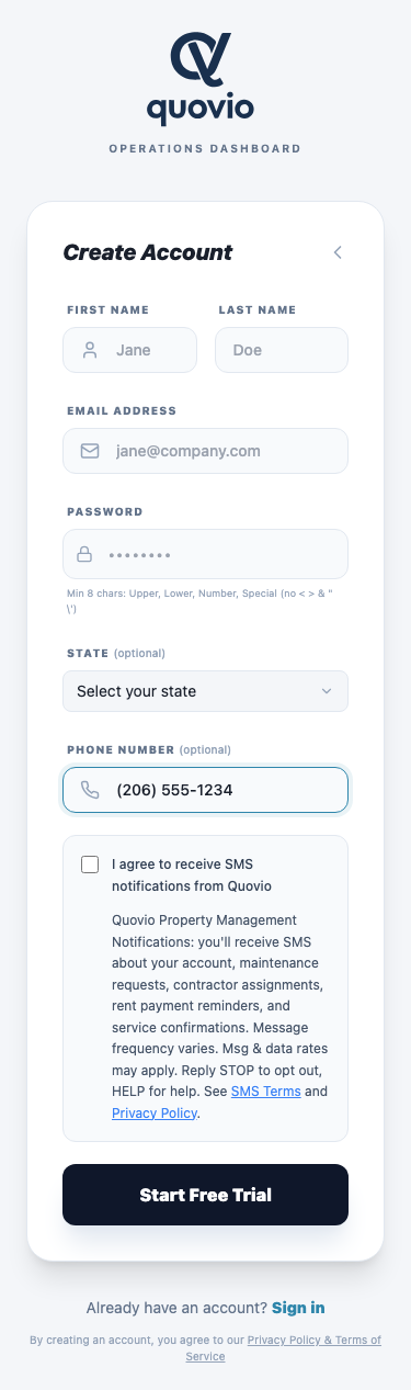 Quovio PM registration page on a 375px-wide mobile viewport, phone field filled, SMS consent checkbox visible and enabled (unchecked), full TCPA disclosure block visible below the checkbox.