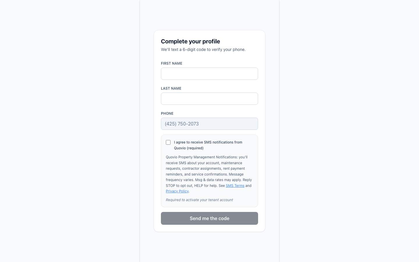 Quovio tenant redemption page at tenant.quovio.ai/redeem on desktop. Phone number is prefilled from the invite. The SMS consent checkbox label reads 'I agree to receive SMS notifications from Quovio (required)'. Below the checkbox is the full TCPA disclosure block with program name, frequency, opt-out and help keywords, and links to SMS Terms and Privacy Policy. Submit button is disabled until the checkbox is checked.