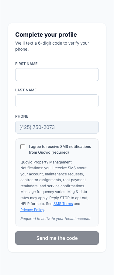 Quovio tenant redemption page on a 375px-wide mobile viewport, showing the same required-consent UI as the desktop version.